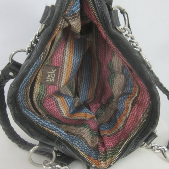 The Sak Womens Black Leather Purse Chain Braided Double Handle Bag Pleated Fob - Picture 7 of 13